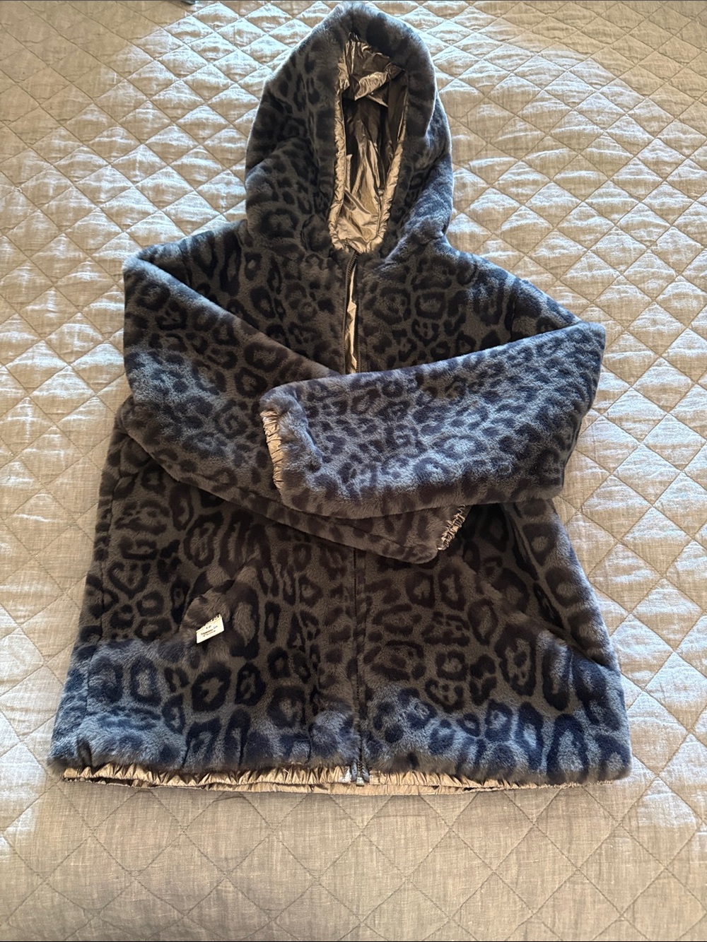 Girls' Faux Fur Leopard Hooded Puffer Coat - reversible to metallic rain coat